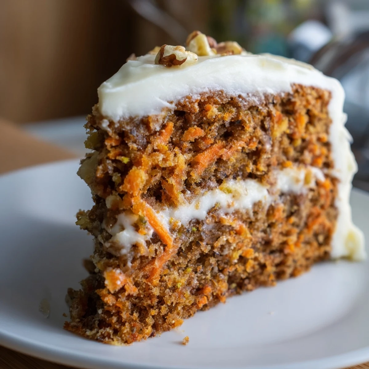 Frosted spiced carrot cake topped with chopped pecans, ready to slice for an afternoon tea or celebration.