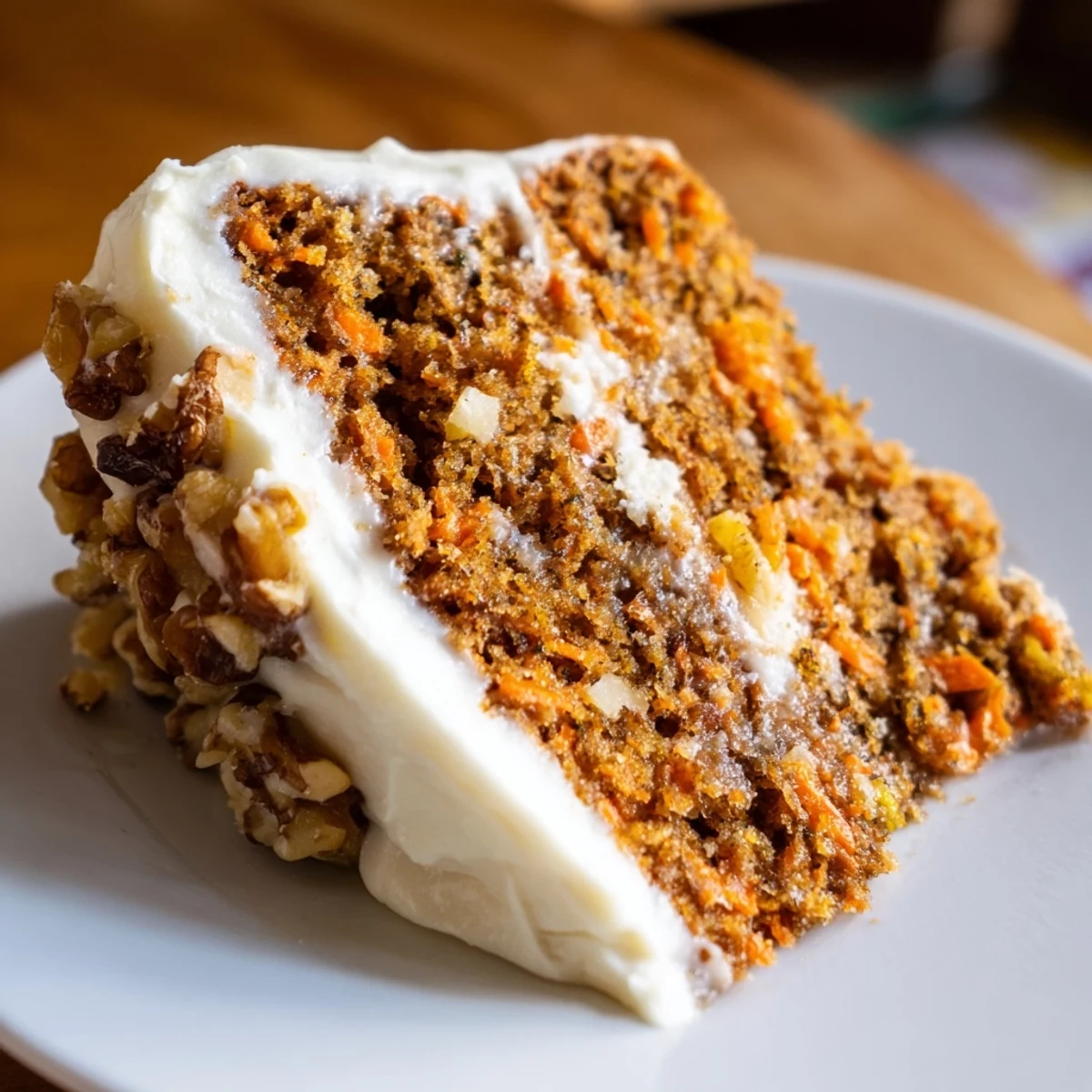 Freshly baked spiced carrot cake layers with fluffy cream cheese frosting and a dusting of cinnamon on a marble counter.