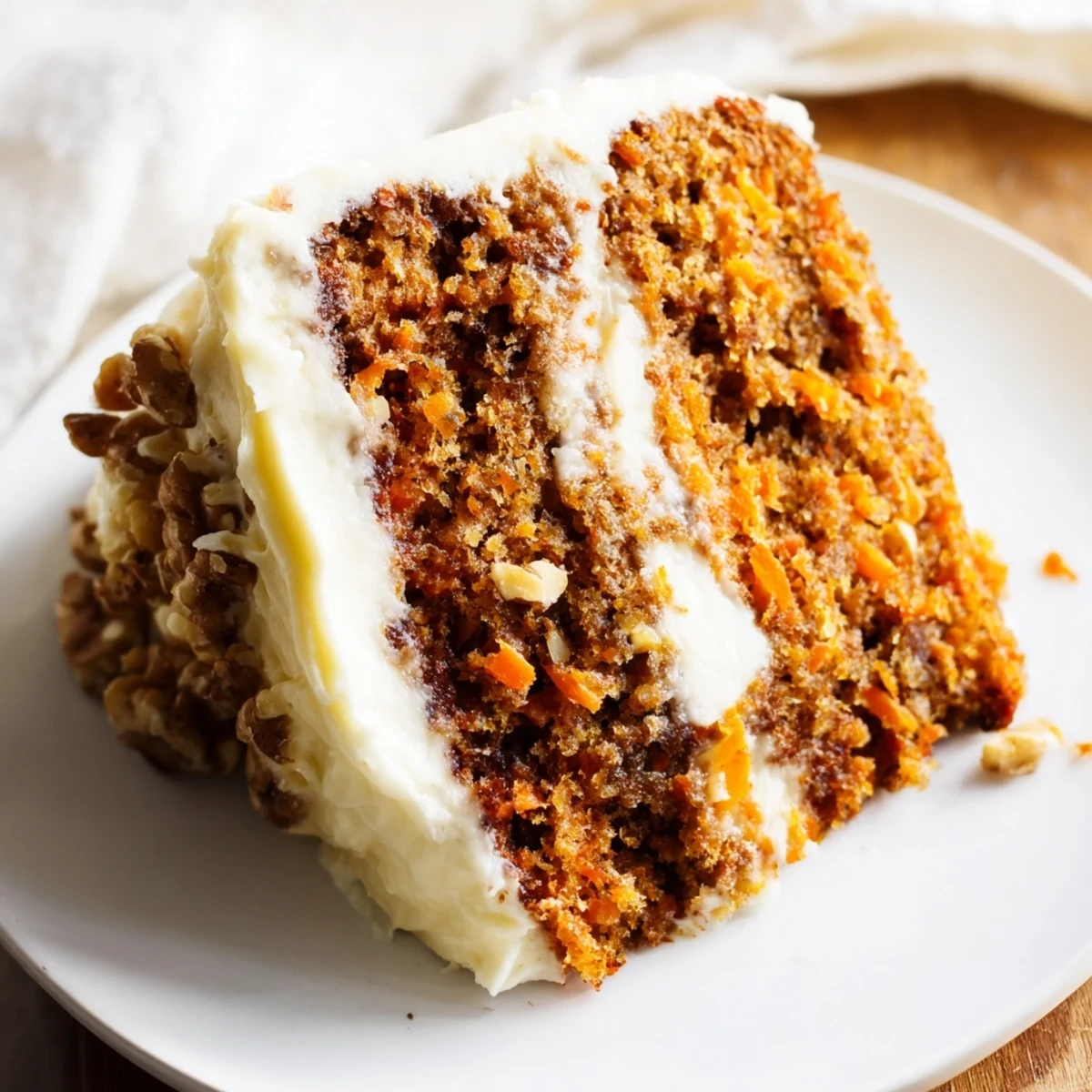 A slice of spiced carrot cake with cream cheese frosting shows moist crumbs and chopped walnuts on a white plate.