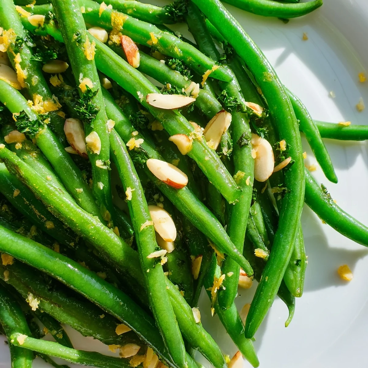 Freshly sautéed Lemon Green Beans glistening with lemon zest and garlic in a skillet.