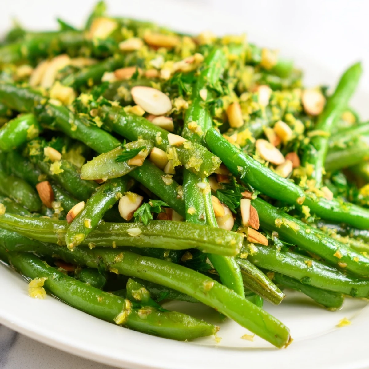 Serving platter of vibrant Lemon Green Beans paired with grilled chicken for a complete meal.