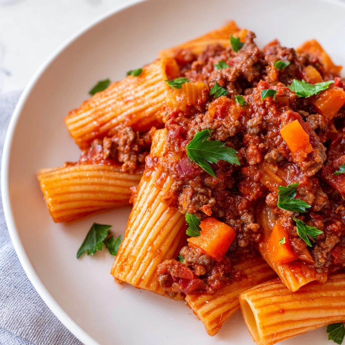 Platter of Slow Cooker Ragu Sauce served over al dente pasta, topped with fresh basil and grated cheese.