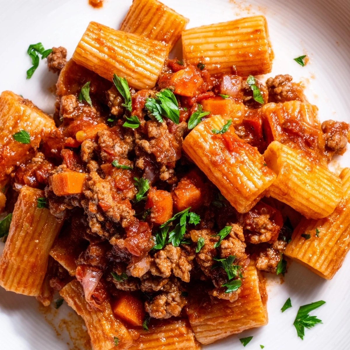 Thick, savory Slow Cooker Ragu Sauce in a ceramic bowl, showcasing tender meat and a deep red tomato base.