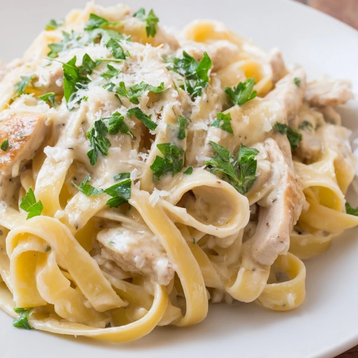 Freshly cooked fettuccine and golden sautéed chicken pieces coated in a velvety, rich Creamy Chicken Alfredo sauce, garnished with parsley.