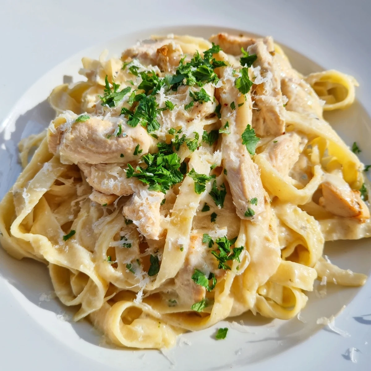 Delicious Creamy Chicken Alfredo plated in a white bowl, topped with chopped parsley and extra grated Parmesan cheese, ready to serve.