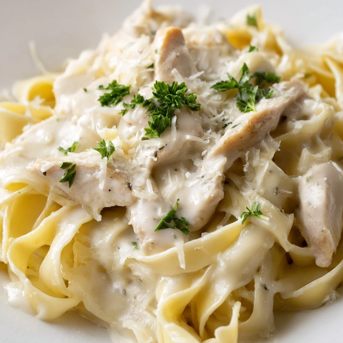 A close-up of Creamy Chicken Alfredo in a skillet, featuring tender chicken strips and Parmesan cream clinging to every noodle.