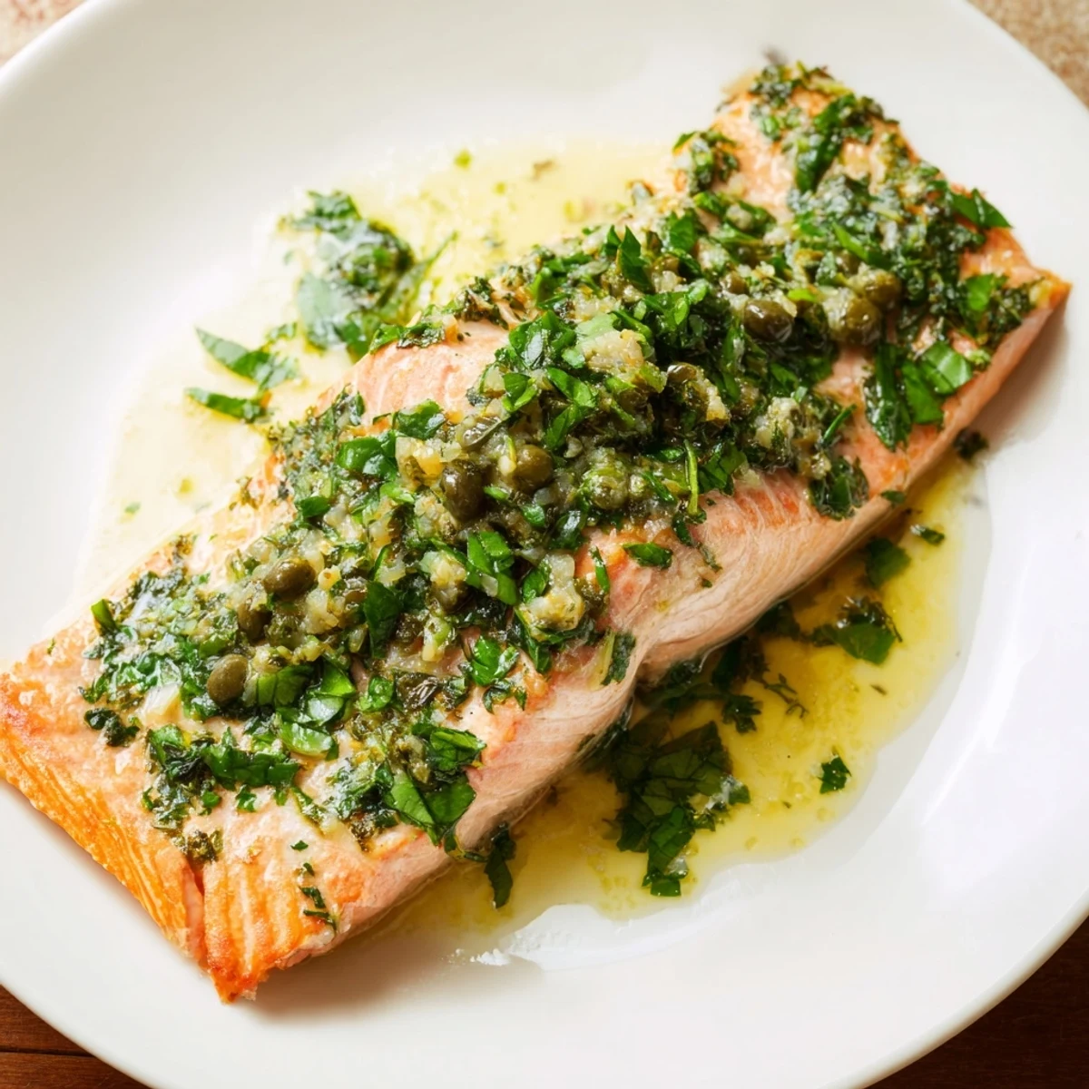 Oven-baked Baked Salmon with Salsa Verde fillet flaking easily under a spoonful of herby green sauce.