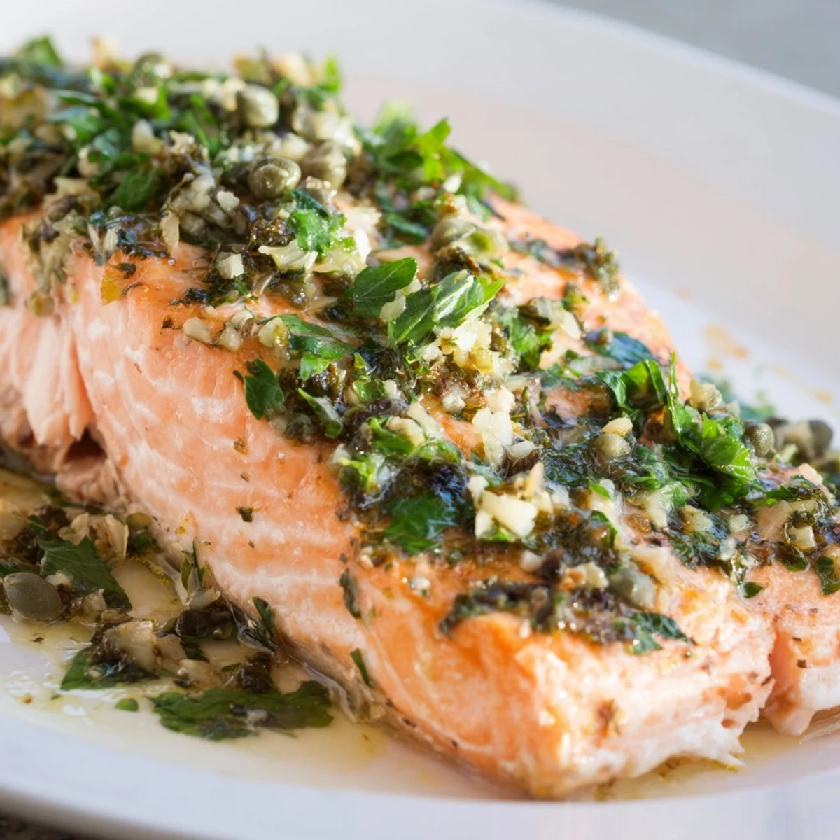 A vibrant plate of Baked Salmon with Salsa Verde, topped with zesty parsley and caper sauce.