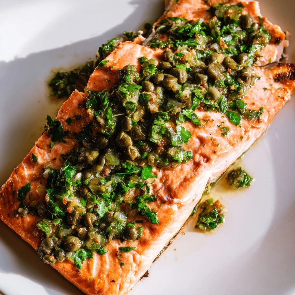 Golden, herb-crusted Baked Salmon with Salsa Verde served with fresh lemon wedges for brightness.