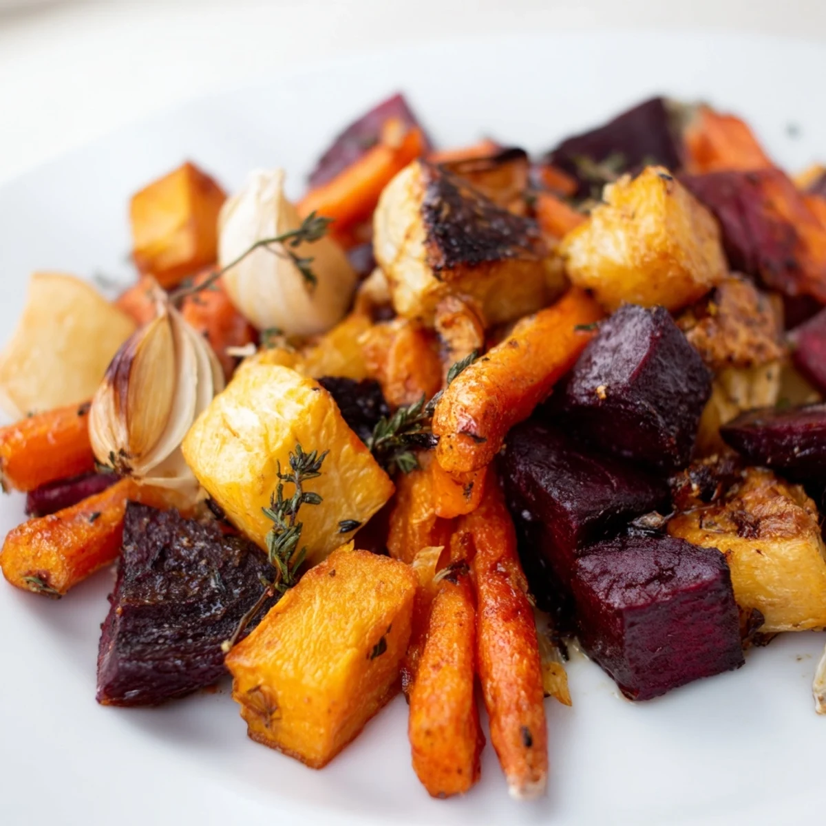 Colorful roasted vegetables, including carrots and beets, garnished with fresh thyme for an aromatic side dish.