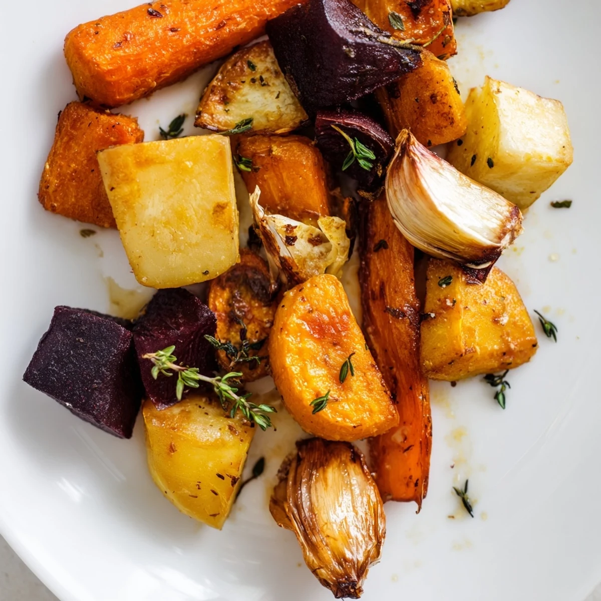 Caramelized Roasted Roots with Thyme, glistening with olive oil, garlic, and seasoning, ready to serve.