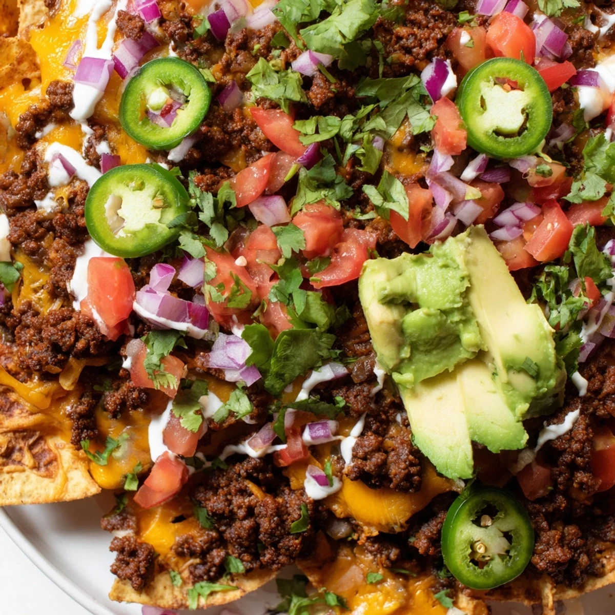 Golden, bubbly cheese melts over crispy tortilla chips, seasoned ground beef, and fresh toppings on this Beef Nacho Platter, perfect for sharing.