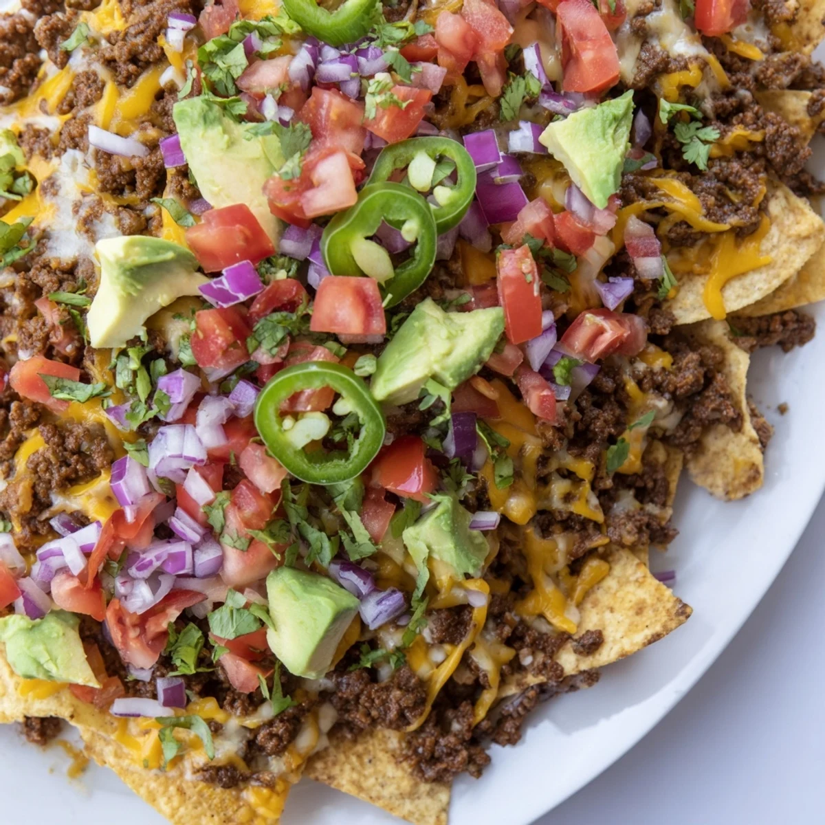 Fresh cilantro and lime garnish this hot Beef Nacho Platter, piled high with seasoned beef, melty cheese, and colorful Tex-Mex toppings.