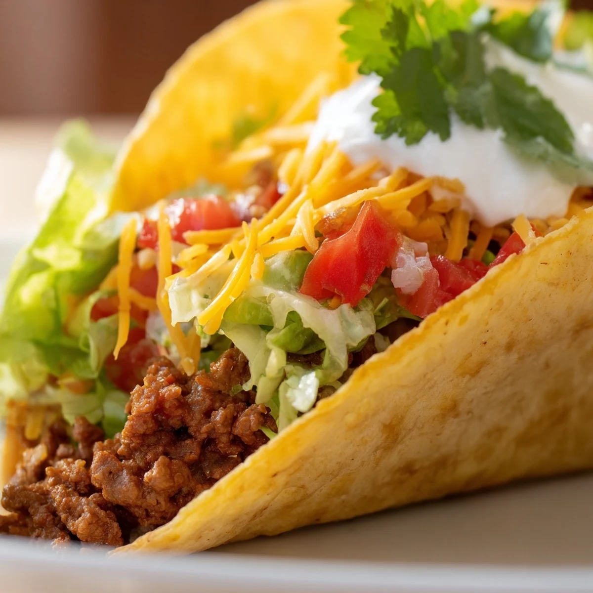 Freshly assembled Beef Taco Night with shredded lettuce, diced tomatoes, cheese, sour cream, and jalapeños on warm tortillas.