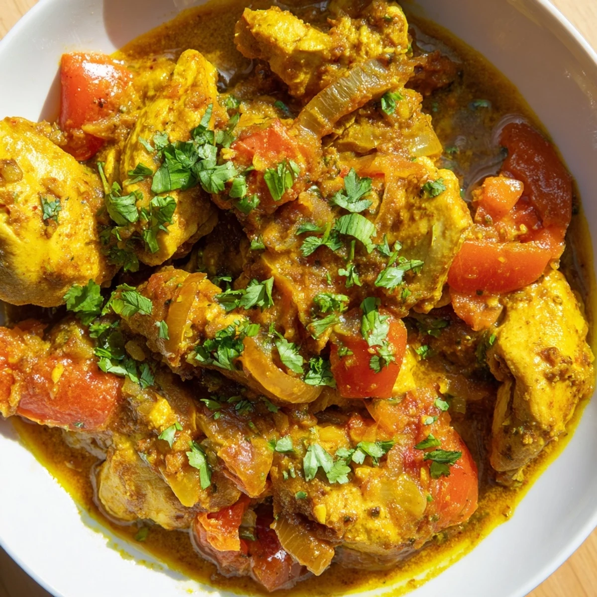 Fragrant Spicy Curry Chicken simmering in a rich coconut sauce, garnished with fresh cilantro, ready to serve over fluffy rice.