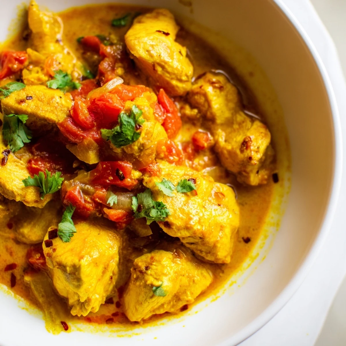 Spicy Curry Chicken with tender thigh meat, bright lime wedges, and warm naan on the side for a satisfying dinner.