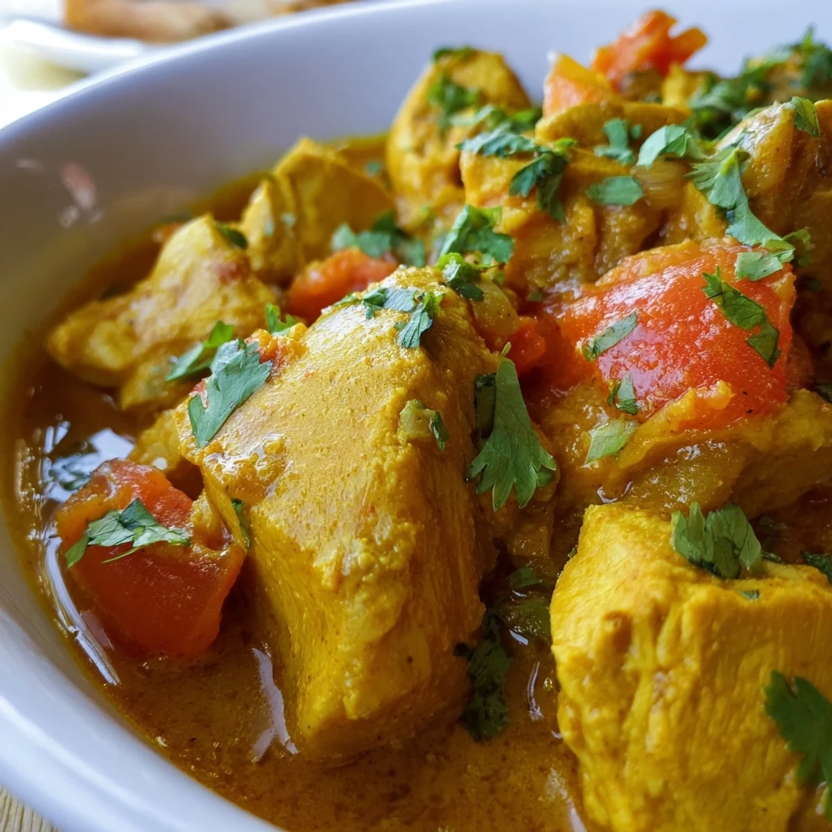 Golden-brown chicken pieces coated in a thick, aromatic Spicy Curry Chicken sauce, steaming in a rustic ceramic bowl.