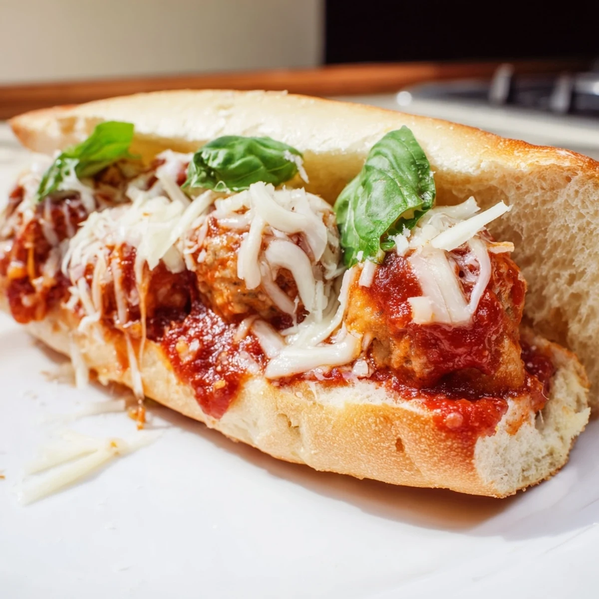 Toasted sub rolls stuffed with saucy turkey meatballs, topped with bubbling mozzarella and a fresh basil garnish for a lighter Italian-style dinner.