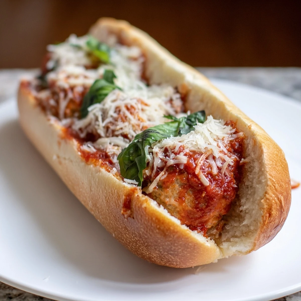 Homemade turkey meatball subs with melted mozzarella, fresh basil, and a spoonful of chunky tomato sauce on a toasted hoagie roll.