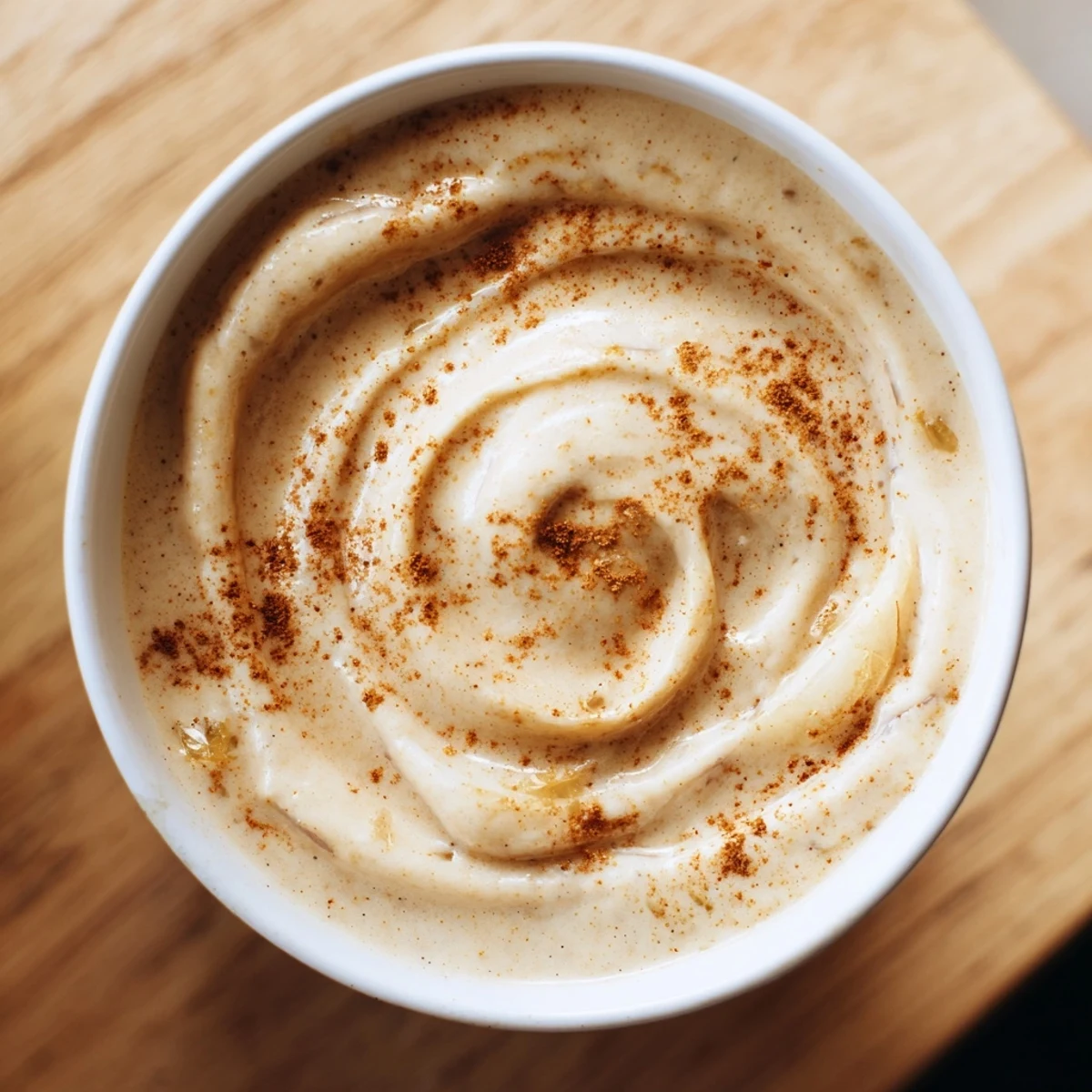 Frosted glasses of Winter Smoothie Blend garnished with cinnamon sticks and pear slices.