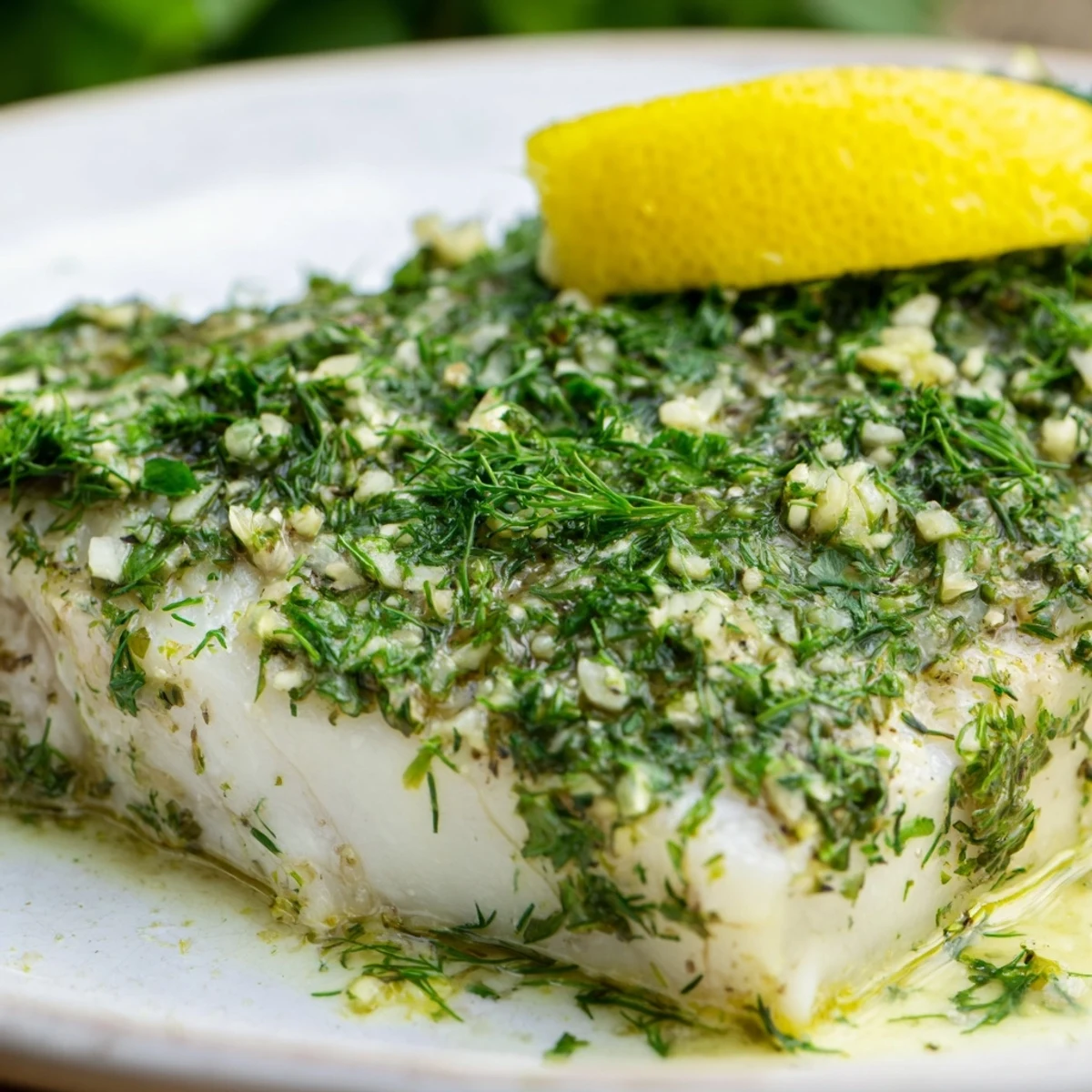 Succulent Baked Halibut with Herbs garnished with fresh herbs and lemon, pairing perfectly with steamed vegetables.