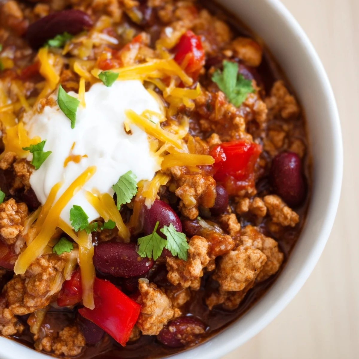 Bubbling turkey chili pot with beans and spices, ready for a cozy weeknight dinner garnished with green onions.