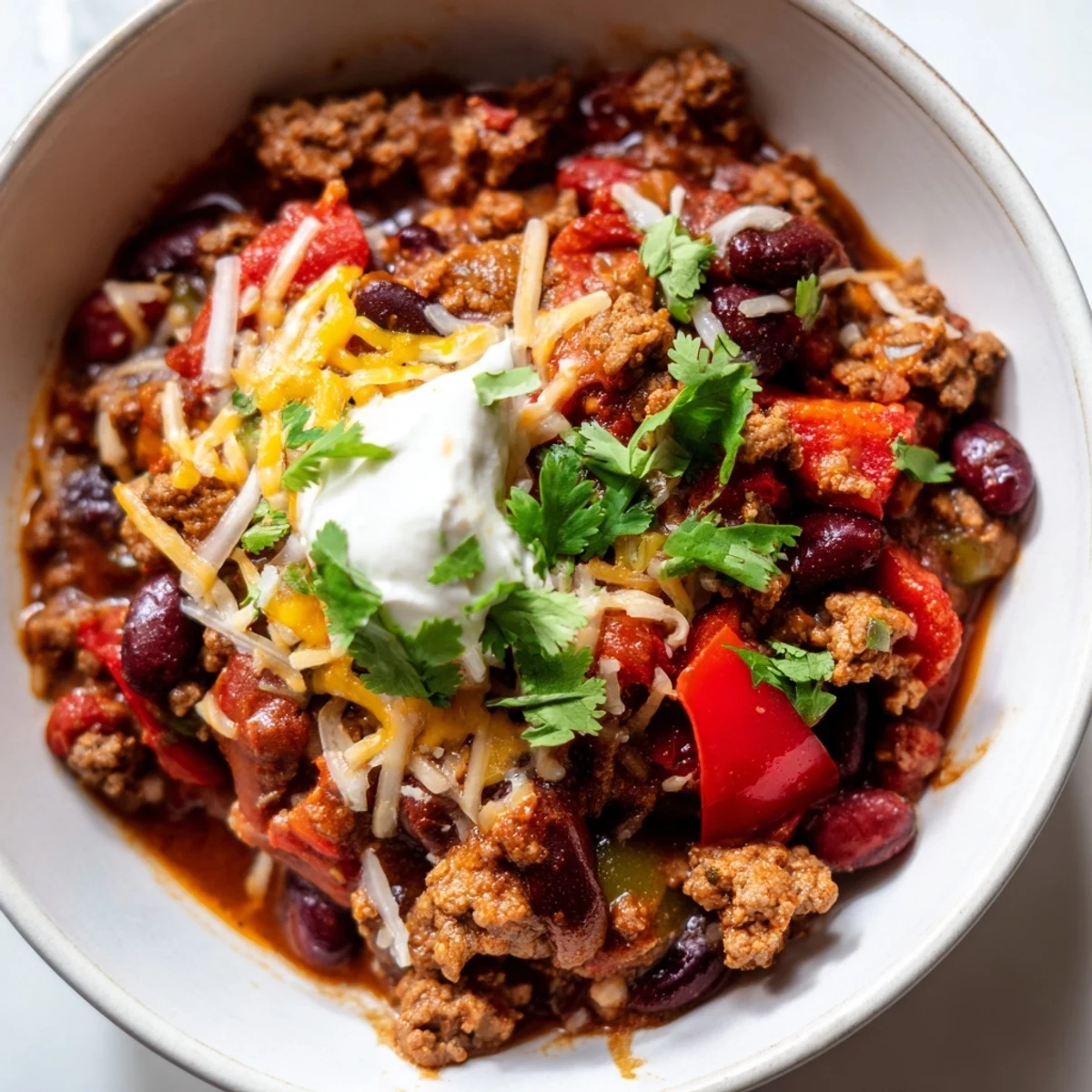 Hearty turkey chili bowl in a rustic bowl, topped with melted cheddar, cilantro, and a dollop of sour cream.