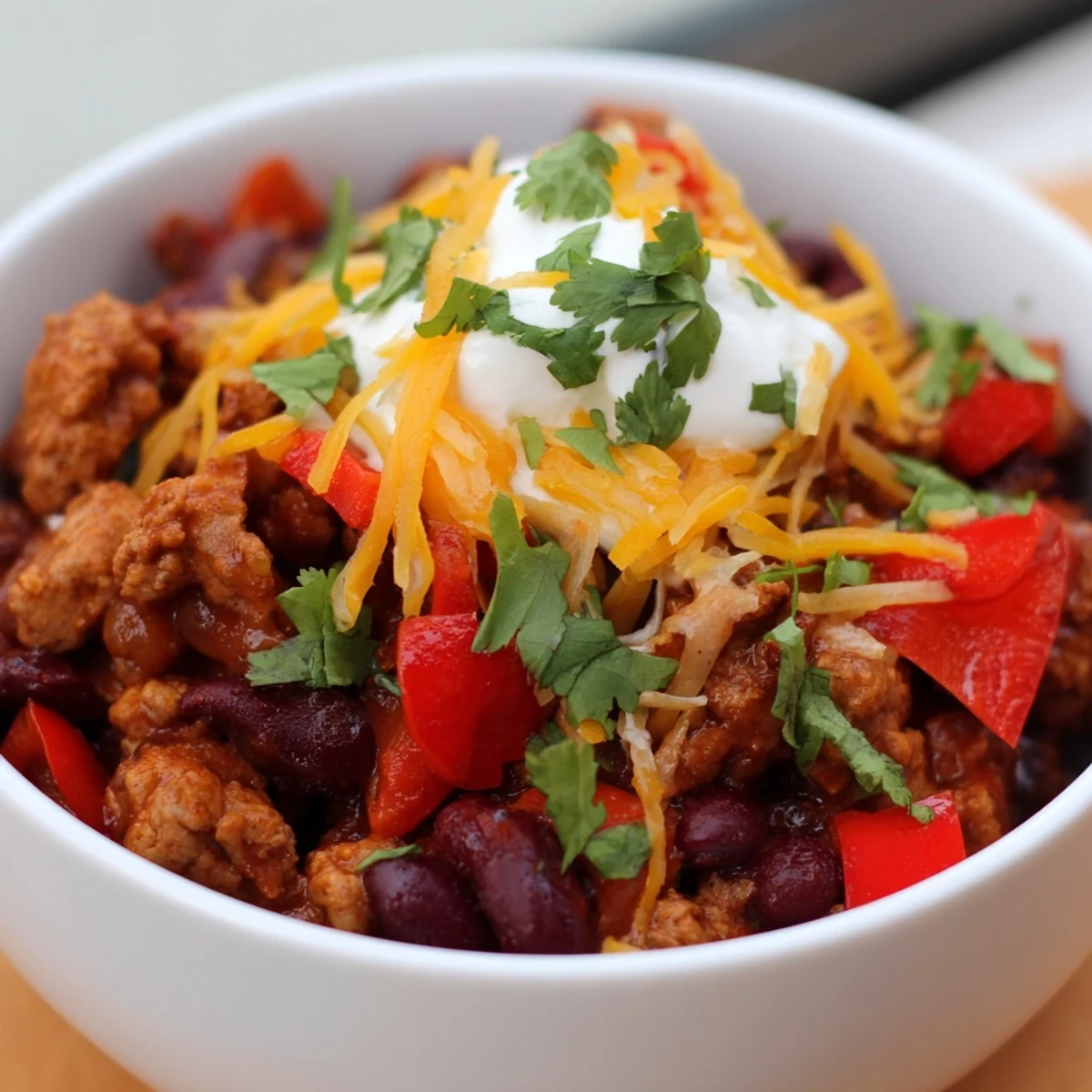 Steaming bowl of turkey chili with a side of lime wedges and cornbread for a delicious family meal.