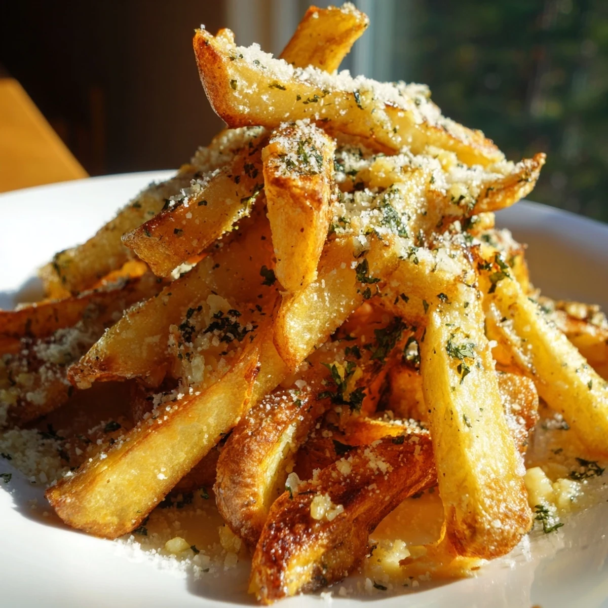 Golden-brown Roasted Fries with Garlic glisten with olive oil and fresh parsley on a parchment-lined baking sheet.