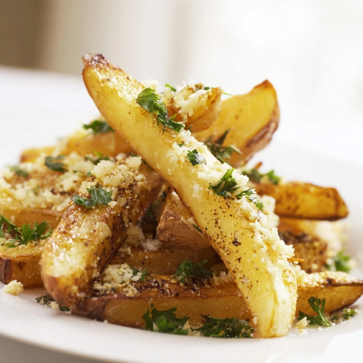 Close-up of crispy Roasted Fries with Garlic highlights golden edges, flecked with minced garlic and herbs.
