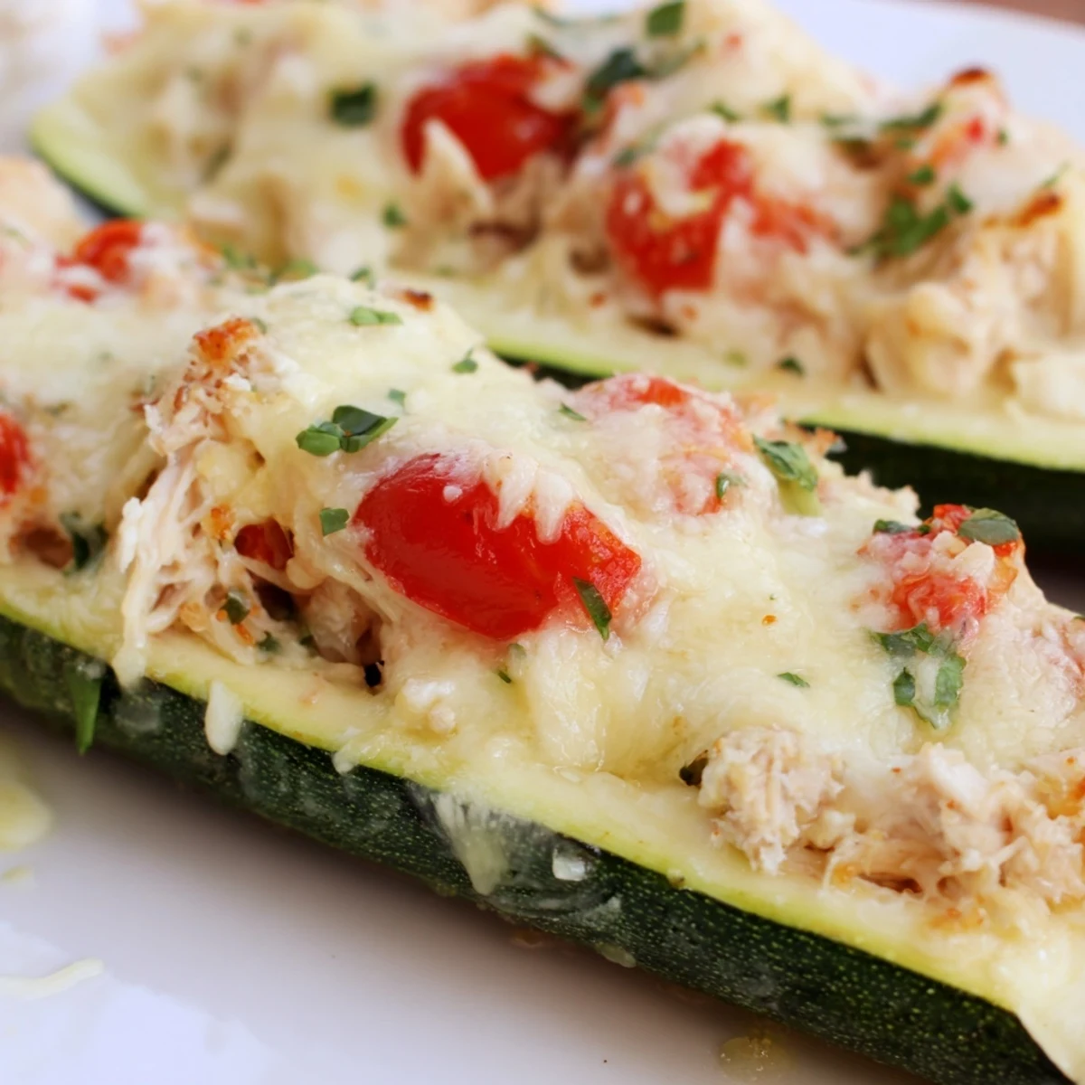 Golden baked Chicken Zucchini Boats topped with bubbly melted mozzarella and fresh parsley.