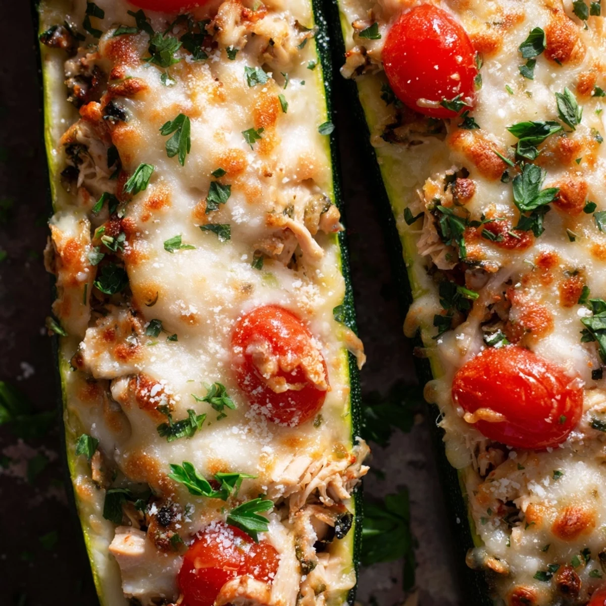 Stuffed zucchini halves filled with savory chicken, tomato, and herbs for a weeknight low-carb dinner.