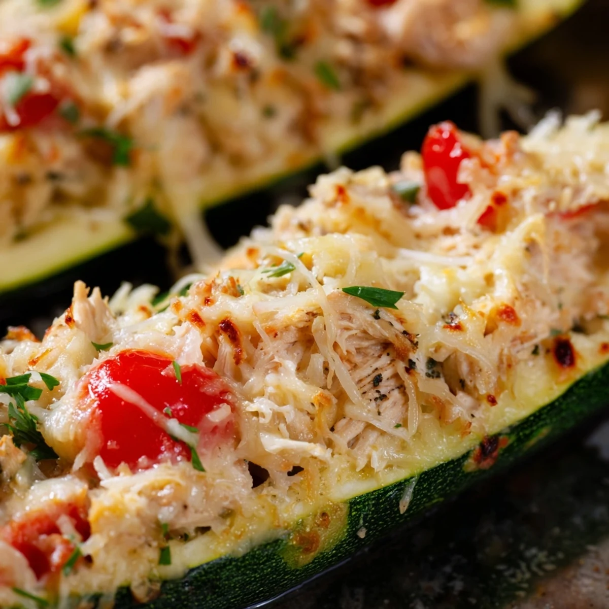 Freshly baked Chicken Zucchini Boats served hot from the oven with golden cheese topping.
