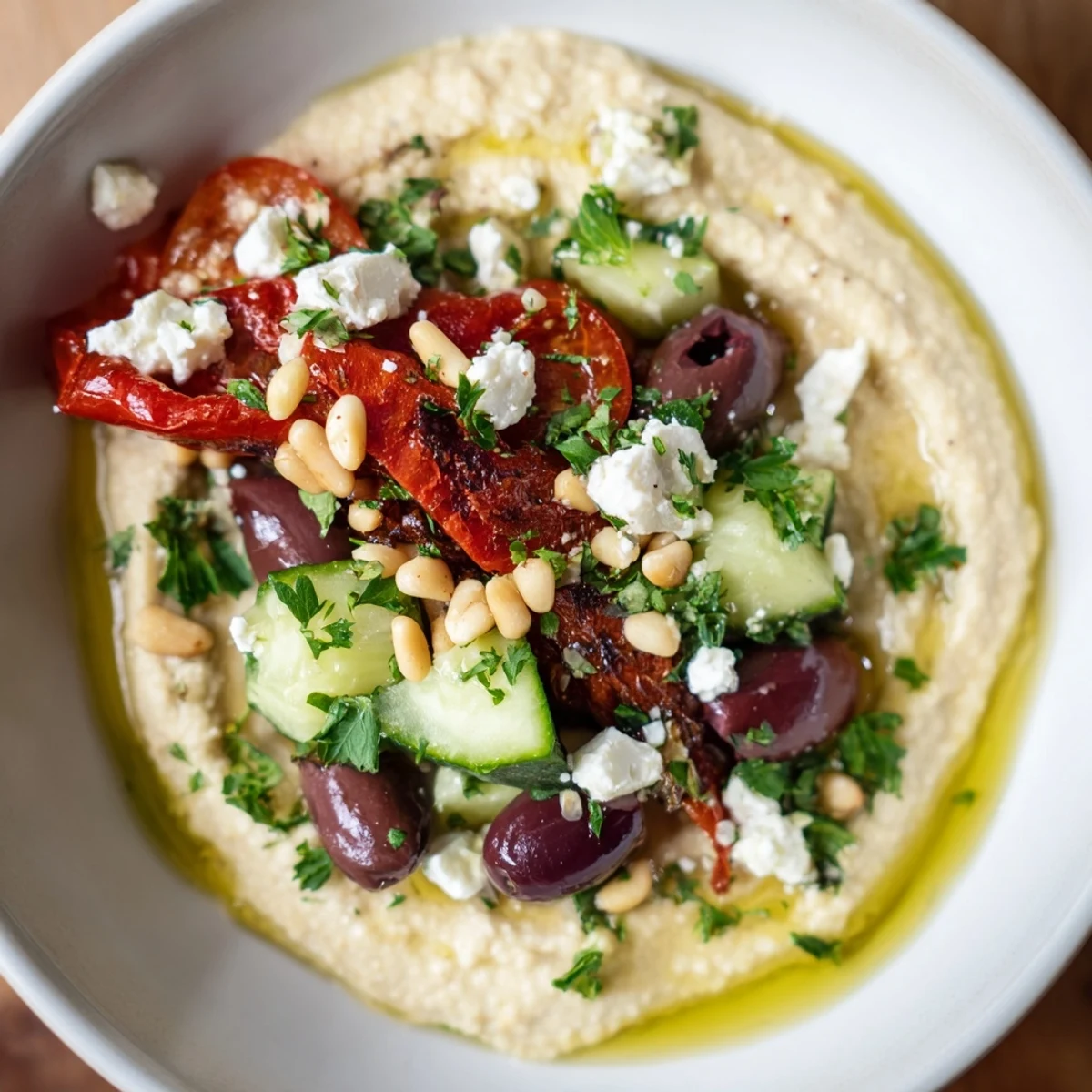 Creamy Mediterranean Hummus Bowl with vibrant cherry tomatoes, cucumbers, and crumbled feta cheese, drizzled with olive oil for a fresh lunch.
