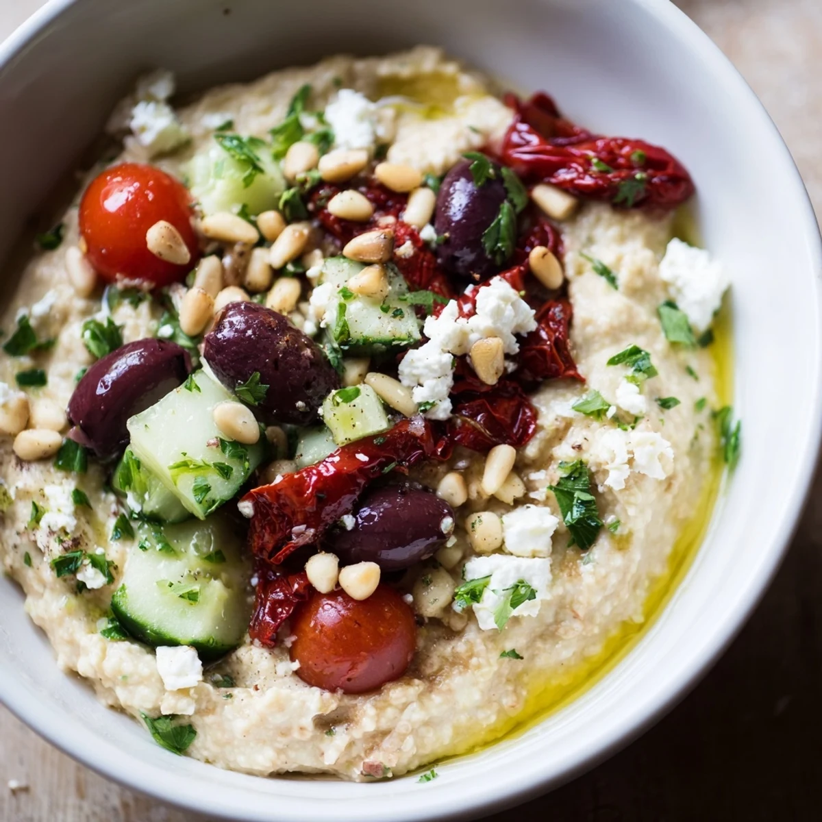 A vibrant Mediterranean Hummus Bowl topped with roasted red peppers, Kalamata olives, and toasted pine nuts, served over a bed of greens.
