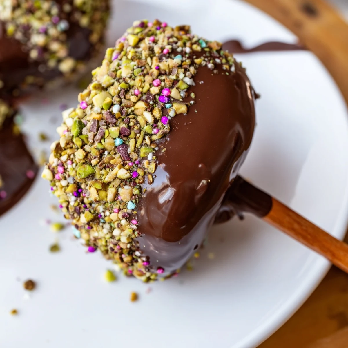 Chocolate Marshmallows on Stick glisten with a glossy chocolate shell and a crunchy pistachio topping, ready to enjoy.