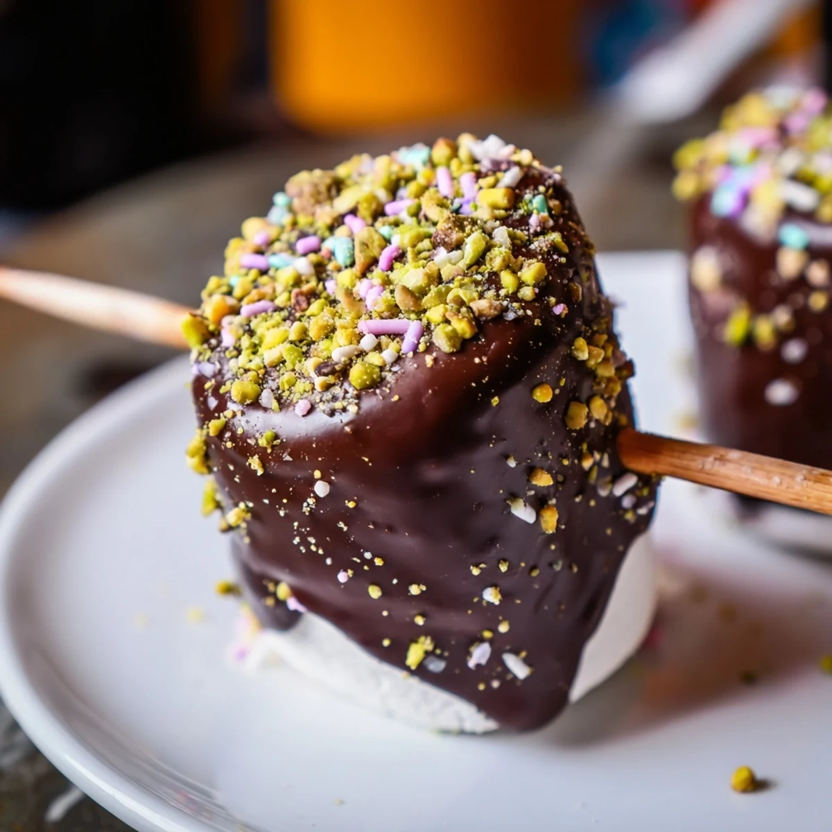 Twelve Chocolate Marshmallows on Stick arranged on parchment, some topped with sprinkles and coconut, perfect for gifting.