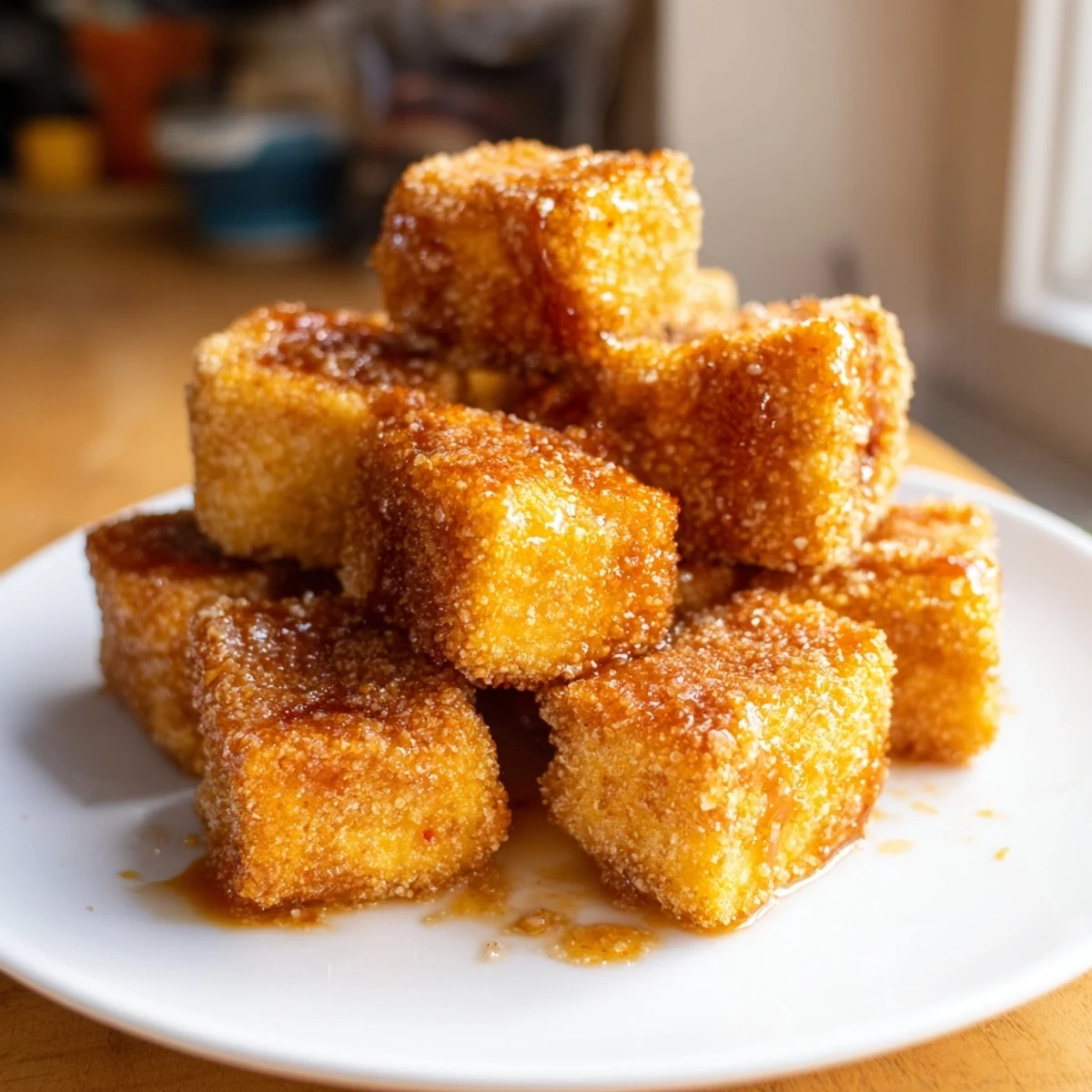 Golden brown Crispy Tofu Bites with a savory coating sit on a plate, ready to serve as a vegan appetizer.