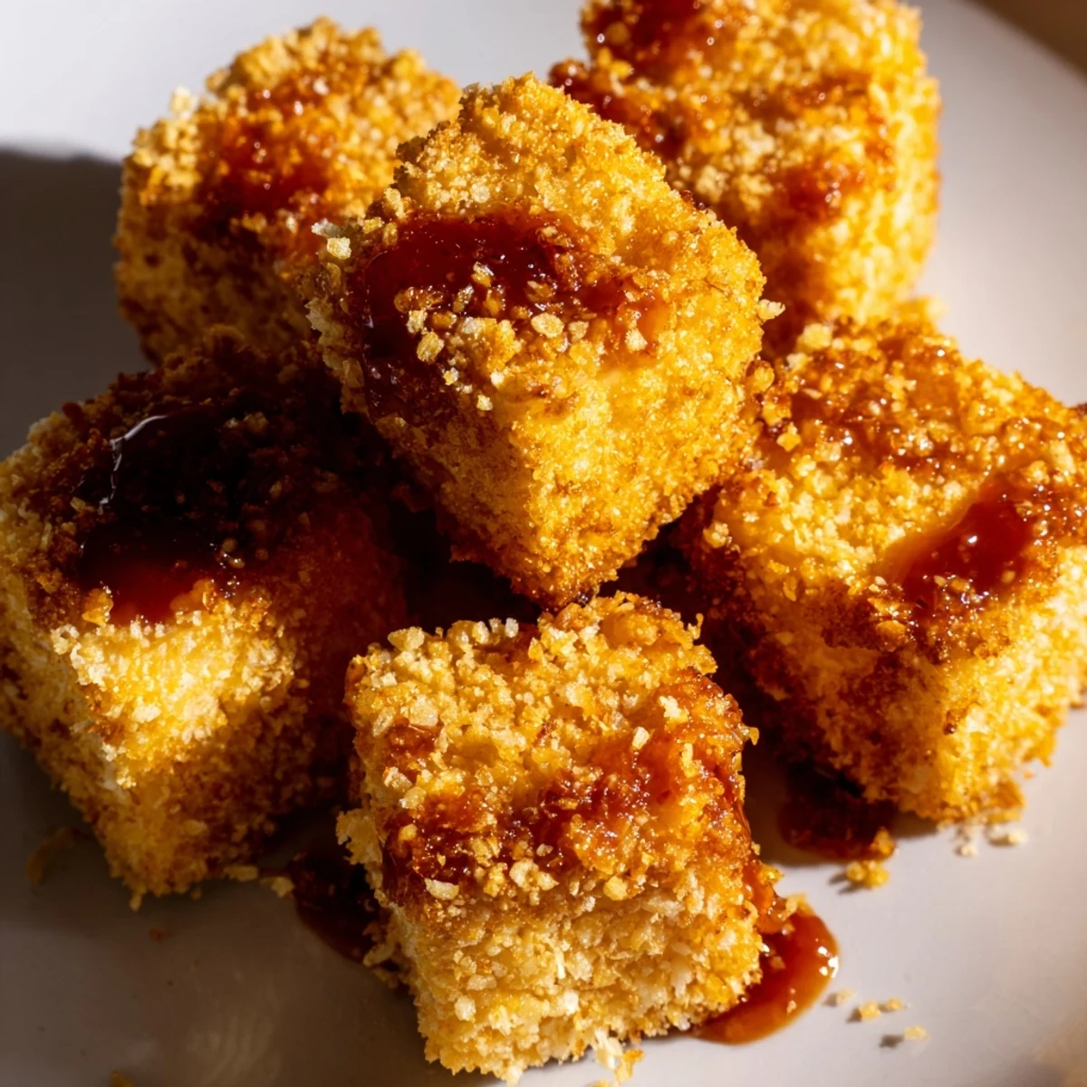 A close-up shot of Crispy Tofu Bites highlights the golden cornstarch coating and fluffy interior texture.