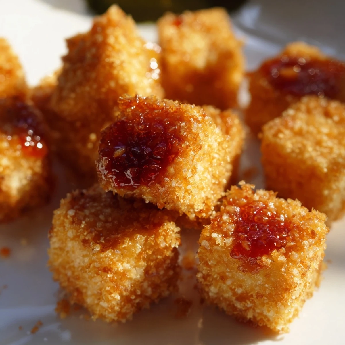 Golden, crunchy Crispy Tofu Bites are drizzled with spicy sriracha mayo and sprinkled with sesame seeds.