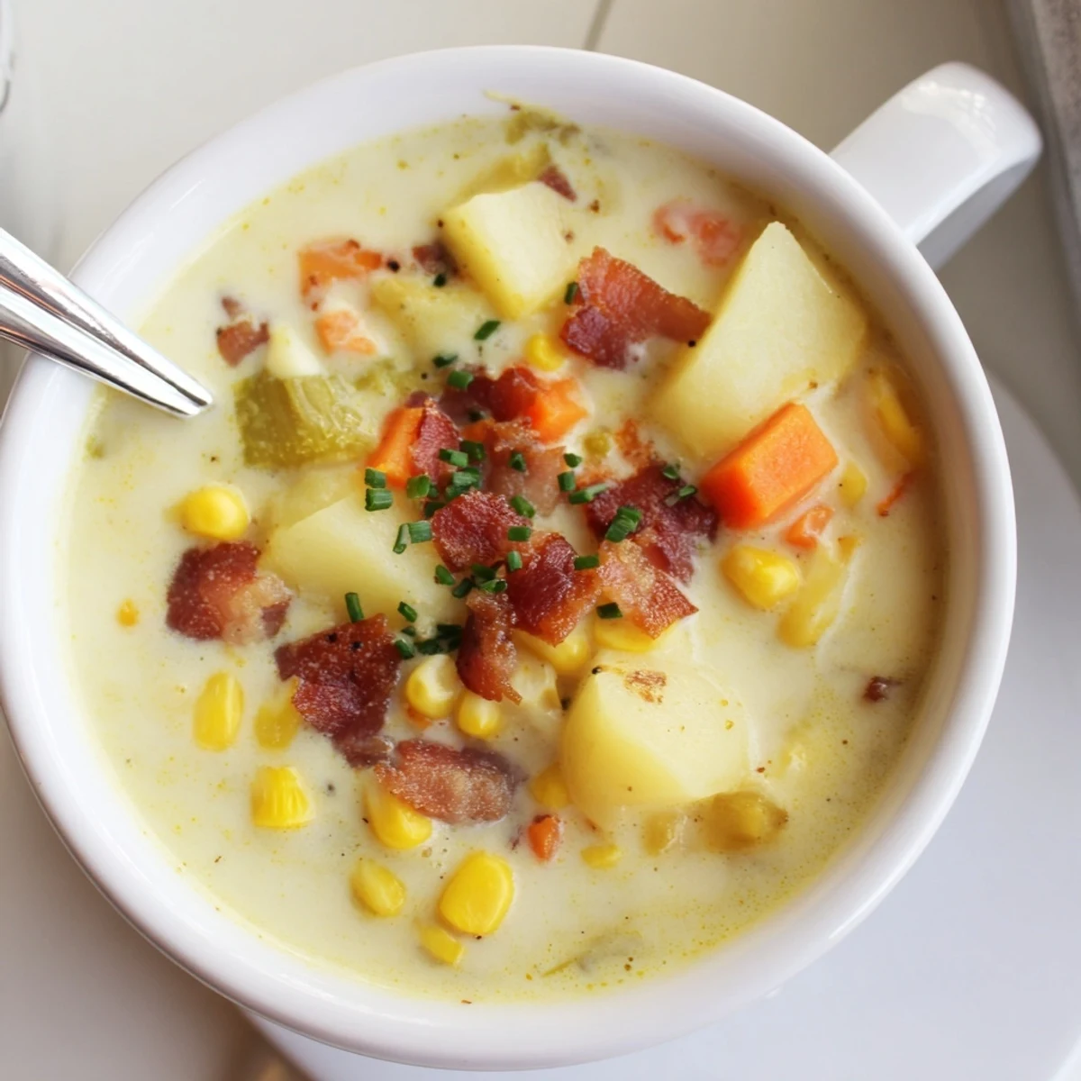 A spoon lifts a creamy bite of Creamy Corn Chowder with tender potatoes and sweet corn kernels.