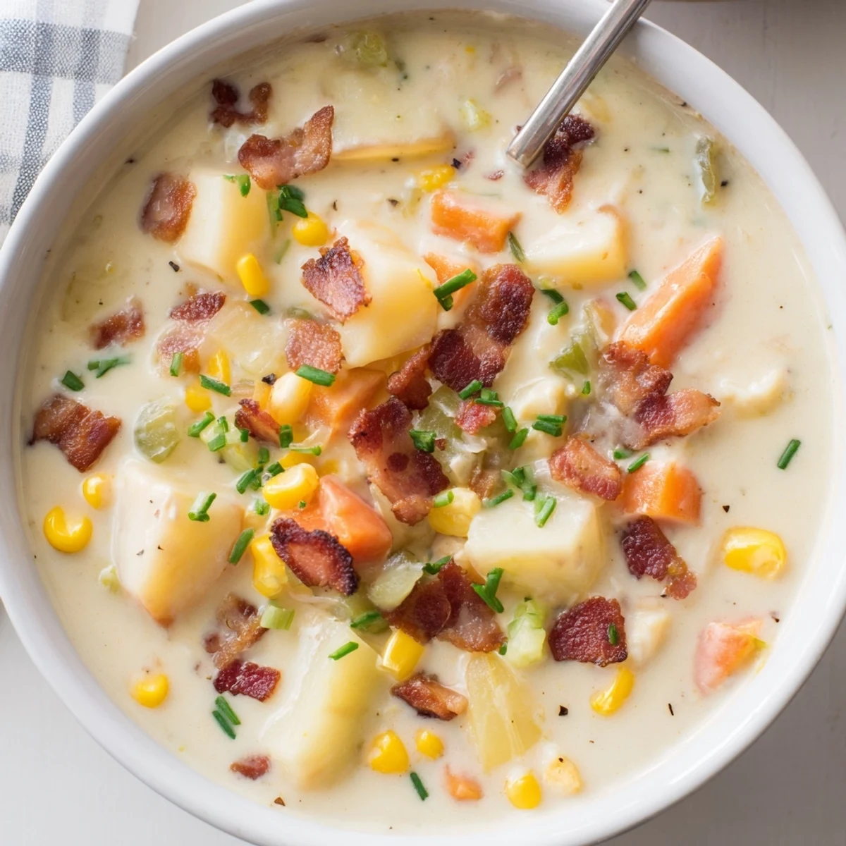 Velvety Creamy Corn Chowder in a rustic bowl, topped with crispy bacon bits and fresh chives.