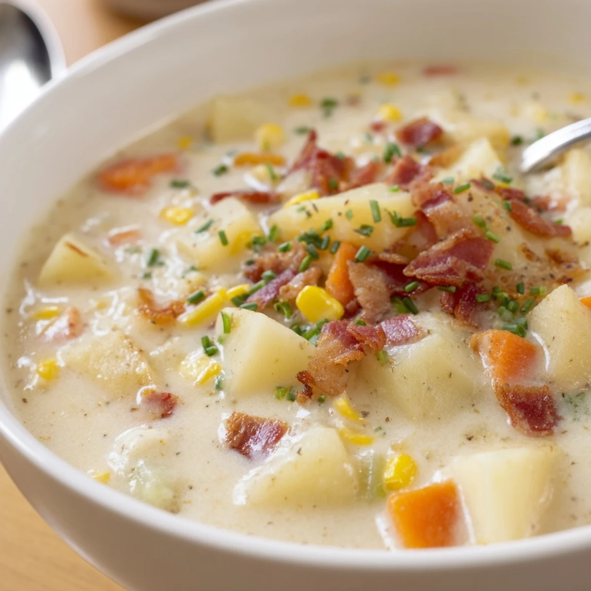 Served steaming hot, this Creamy Corn Chowder pairs with crusty bread for a comforting meal.