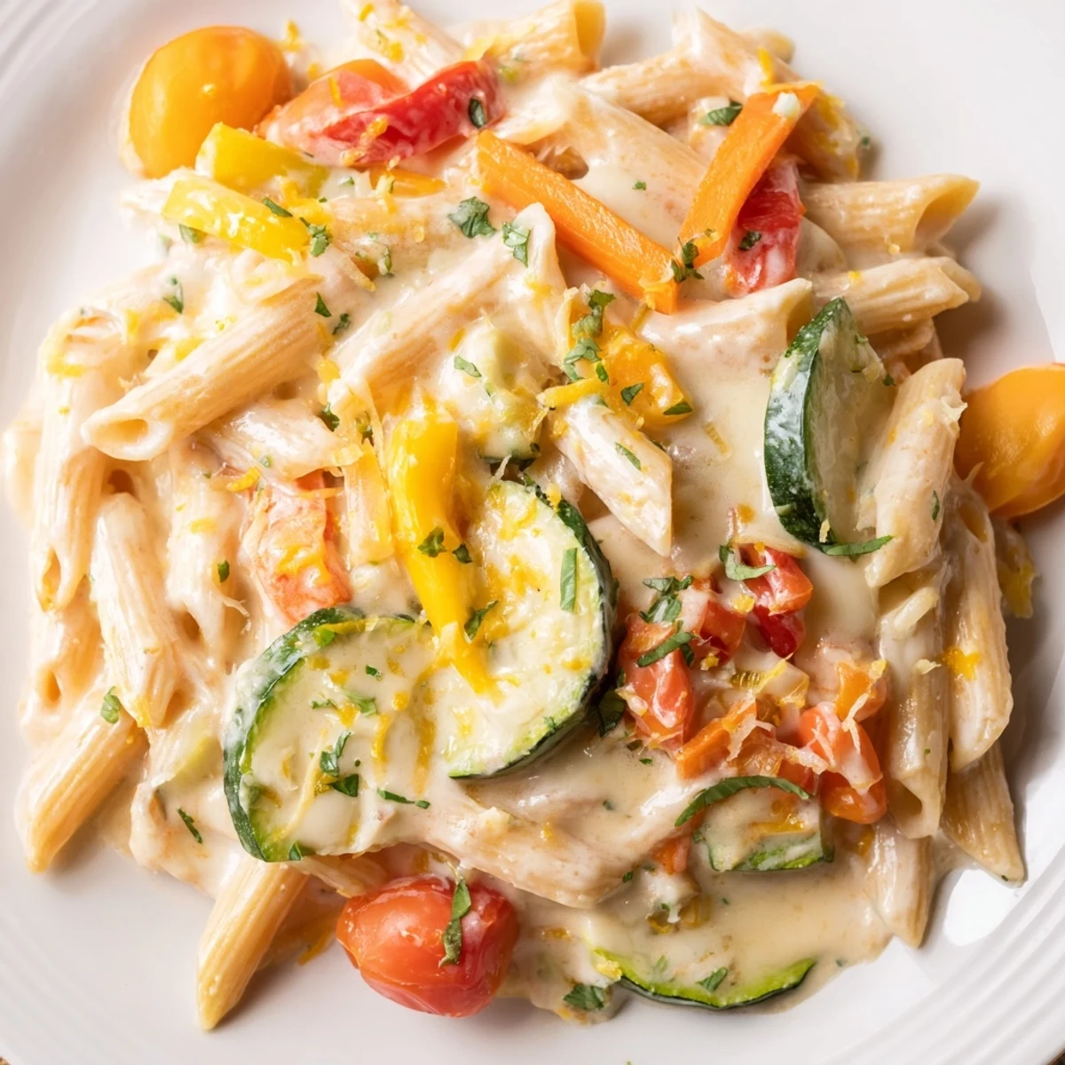 Creamy Pasta Primavera in a white bowl, showcasing al dente penne and colorful spring vegetables coated in rich Parmesan cream sauce.