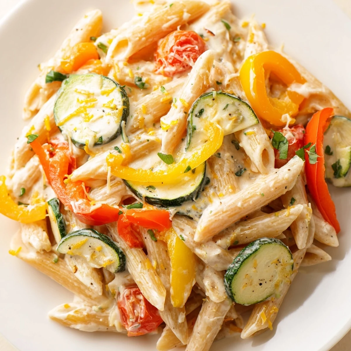 Close-up on twirled fettuccine and Creamy Pasta Primavera, with vibrant red cherry tomatoes, green snap peas, and shaved Parmesan.