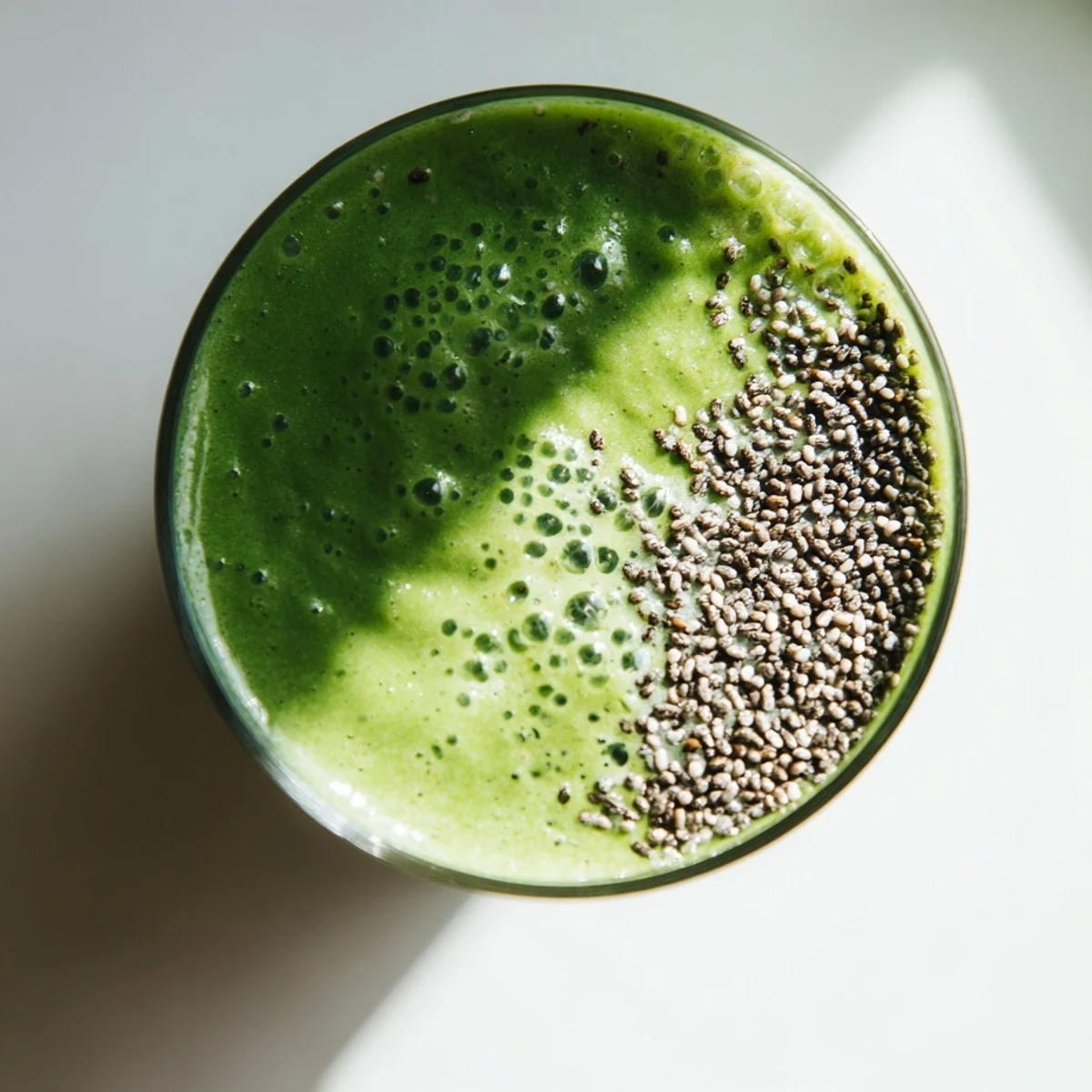 Two glasses of Detox Green Smoothie with Spinach and Ginger sit on a marble counter beside fresh spinach, ginger root, and a sliced green apple. 