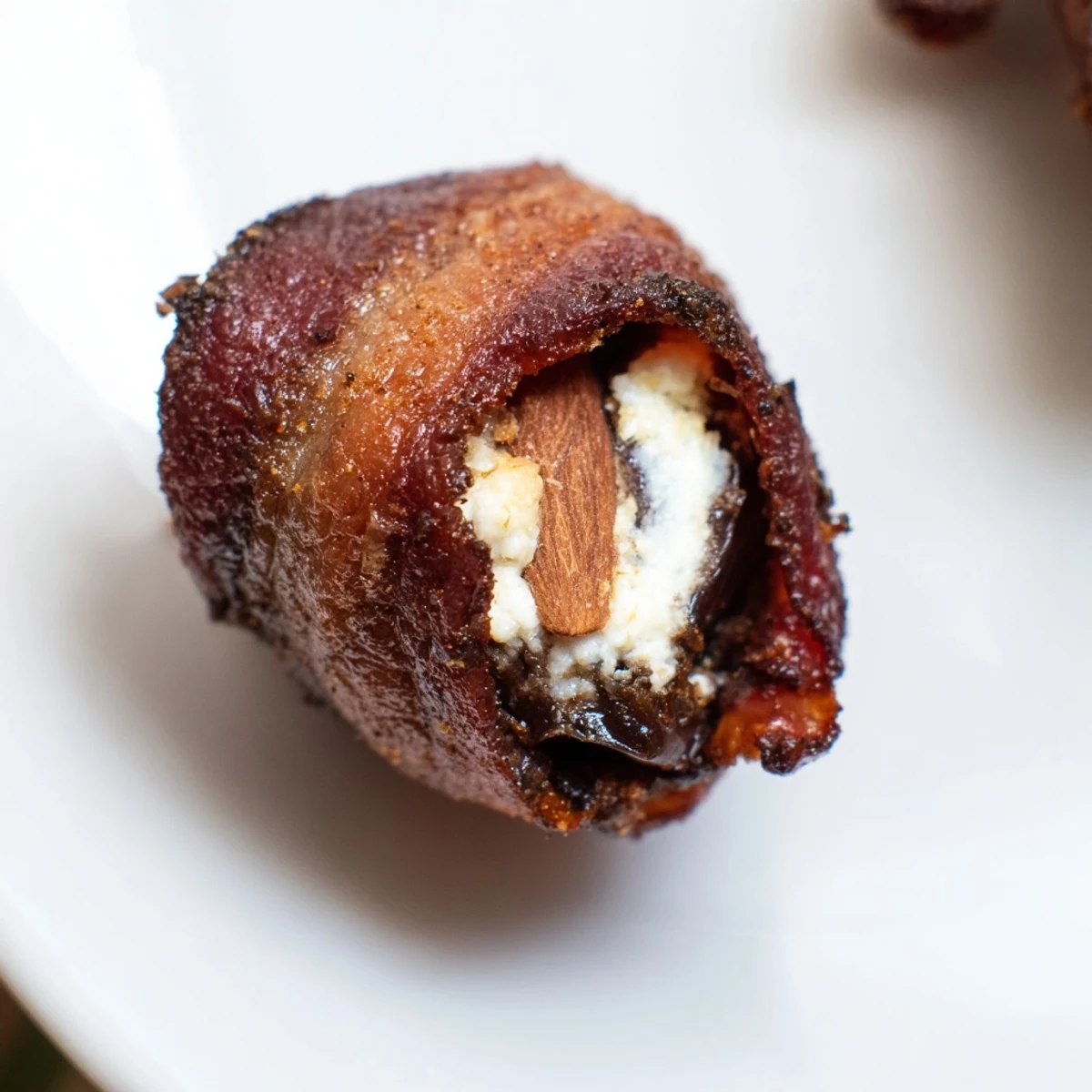 Golden Air Fryer Crispy Beef Bacon Wrapped Dates stuffed with cream cheese and toasted almonds on a wooden platter.