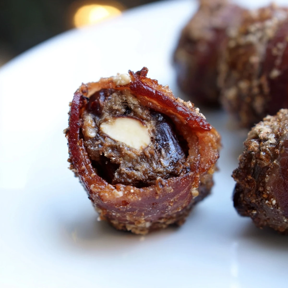 Close-up of Air Fryer Crispy Beef Bacon Wrapped Dates revealing bubbly beef bacon and a creamy melted cheese filling.