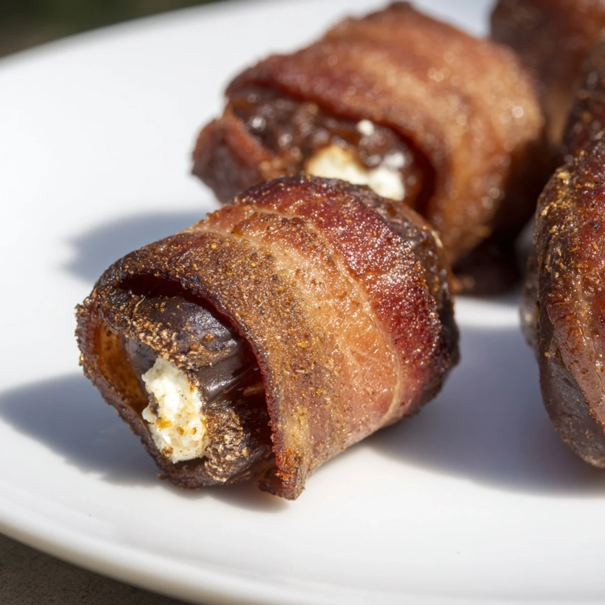 Four Air Fryer Crispy Beef Bacon Wrapped Dates garnished with fresh herbs and a drizzle of honey on a slate board.