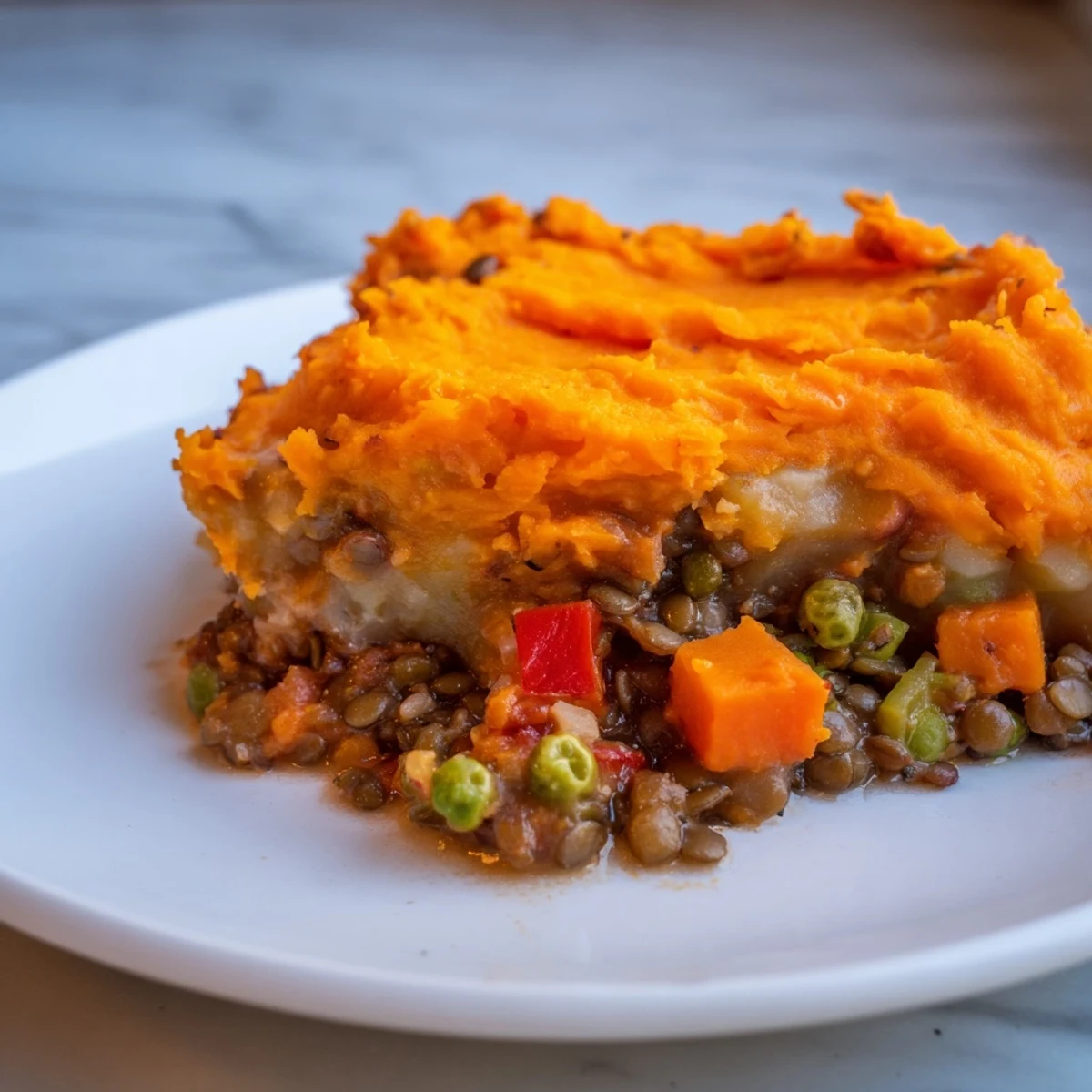 A close-up slice of Vegan Lentil and Sweet Potato Shepherds Pie reveals a rich, savory lentil vegetable filling beneath fluffy mash.